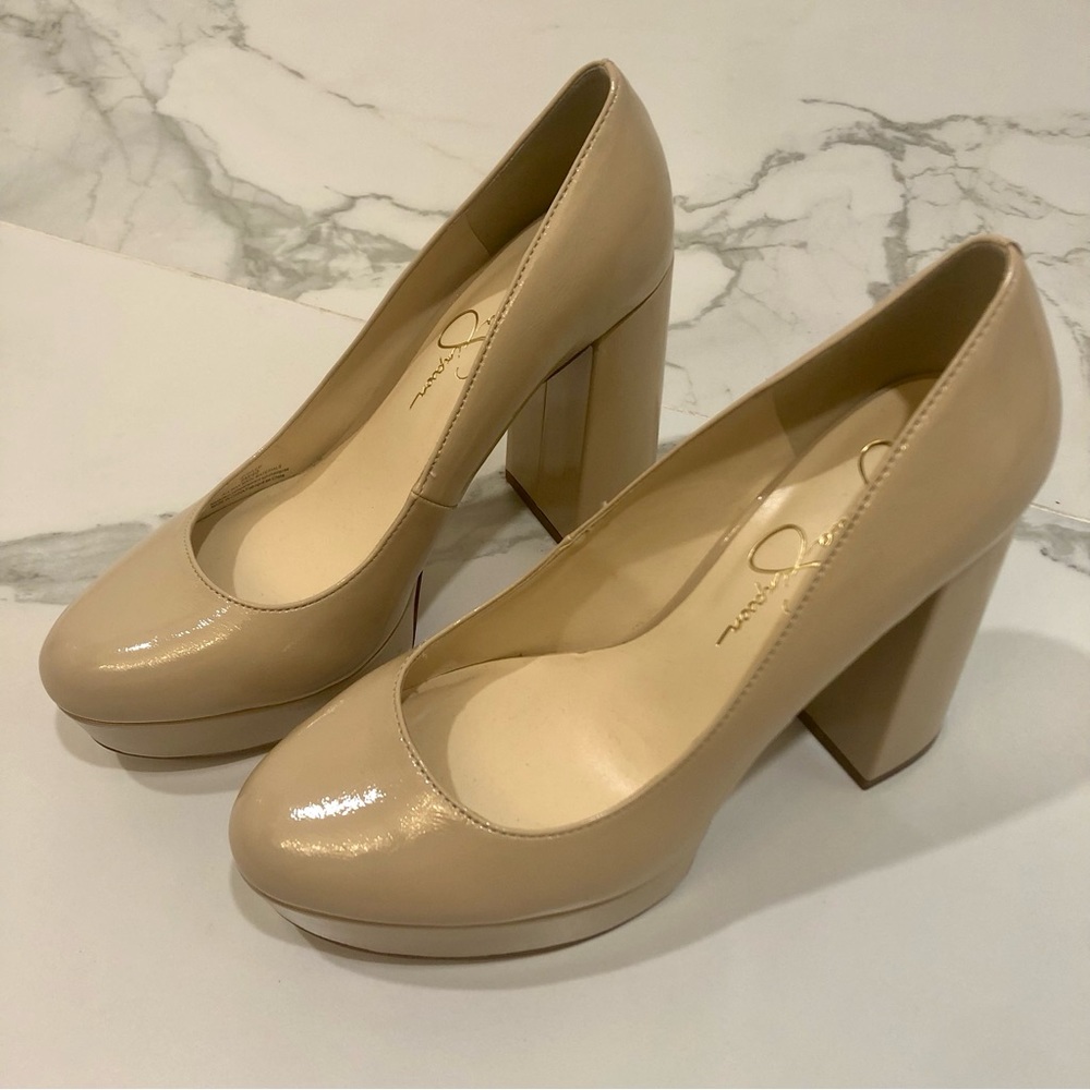 Nude 5” pumps, Jessica Simpson gloss block heel size 9